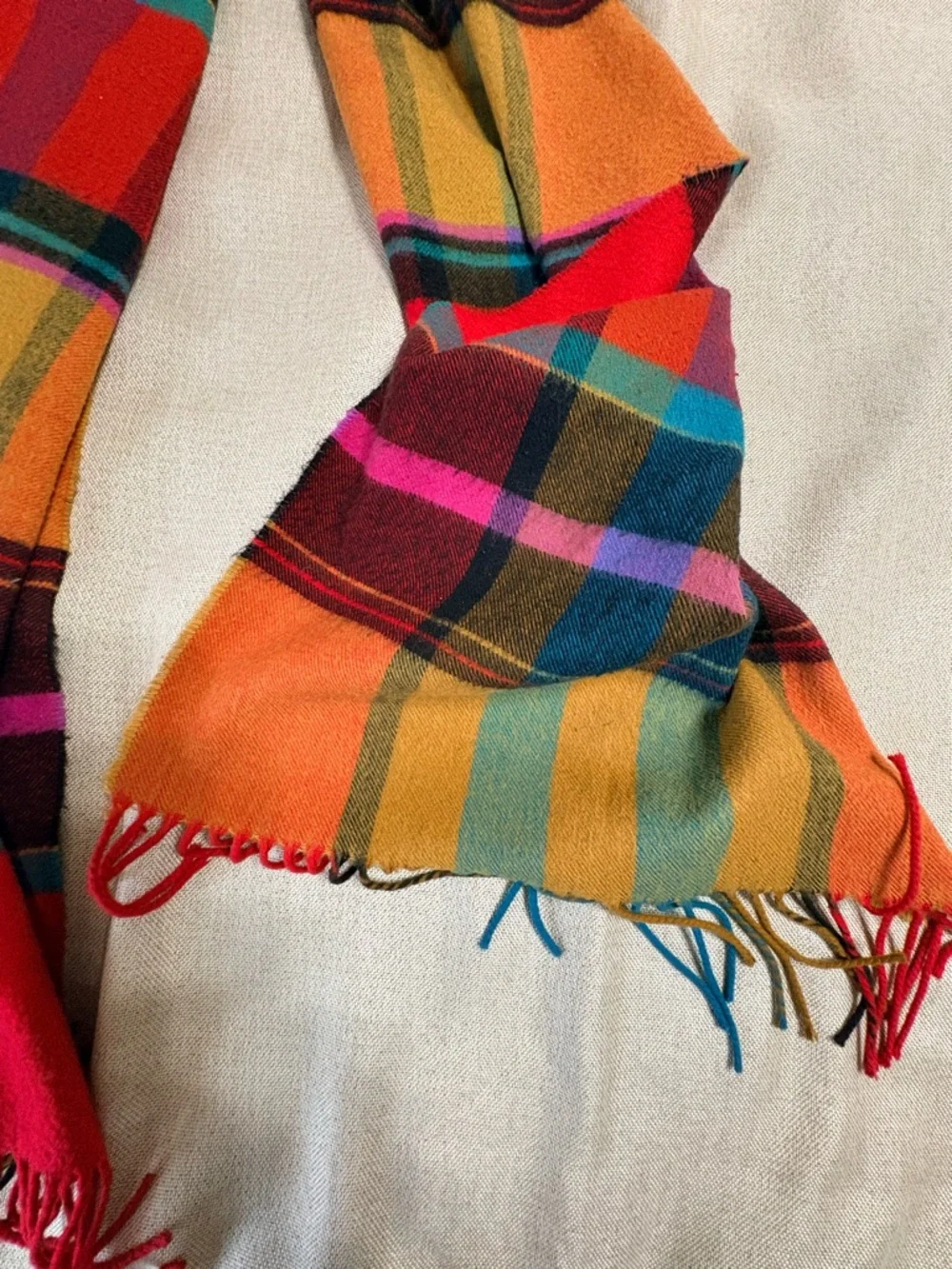 Bright Plaid Fringe Scarf Multicolor Tartan 15”x64”
